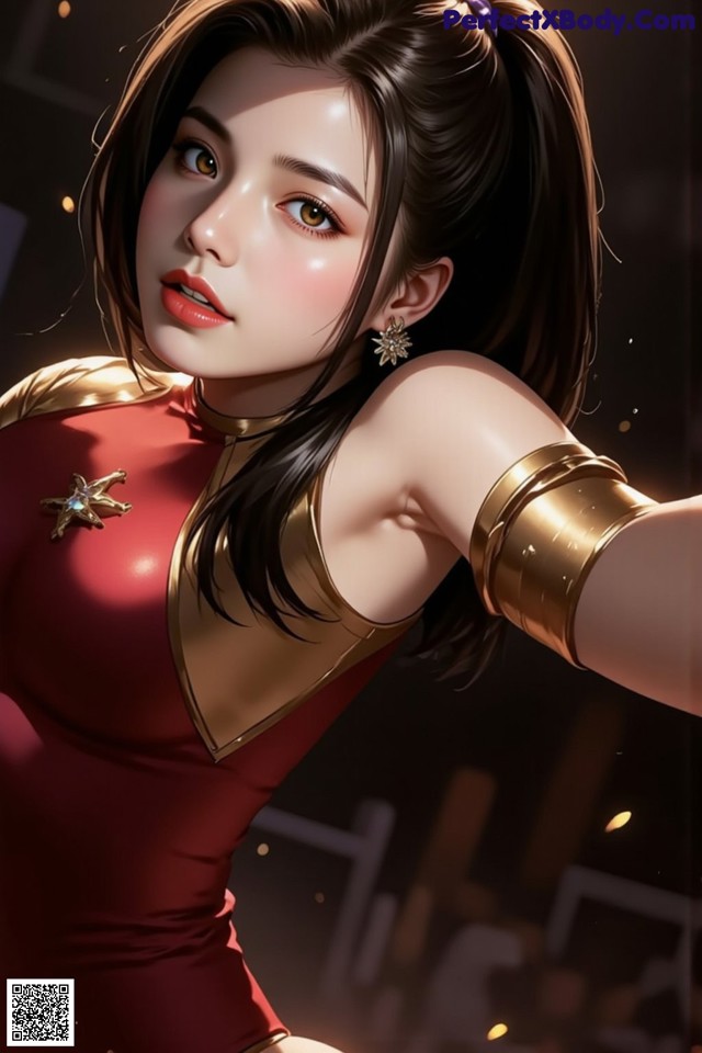 A woman in a red dress holding a sword.