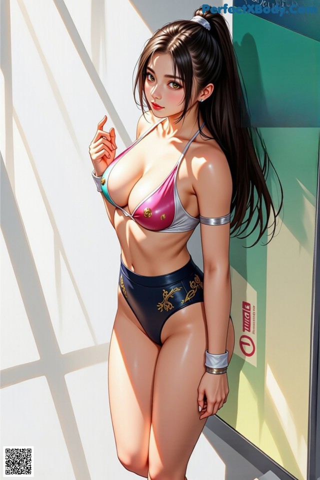 A woman in a bikini standing in front of a wall.