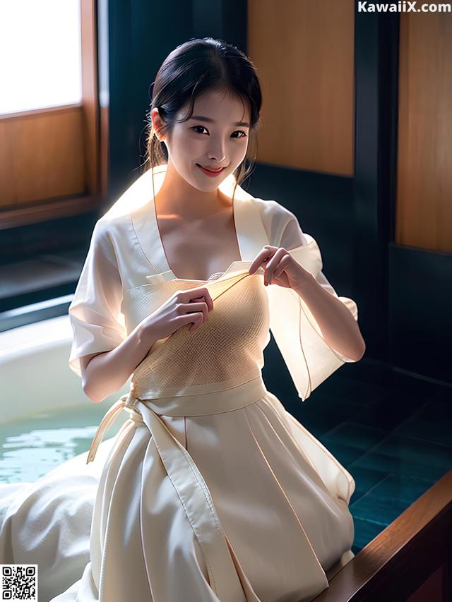 A woman in a white dress sitting in a bathtub.