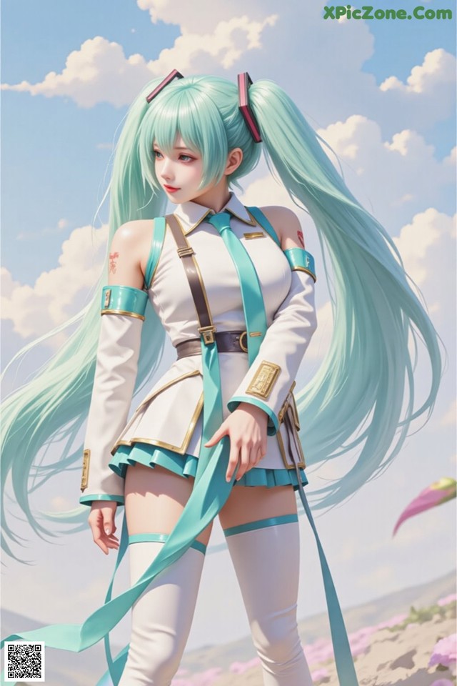 A woman with long green hair standing in a field.