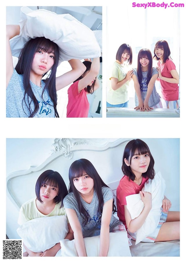 A group of young women laying on top of a bed.